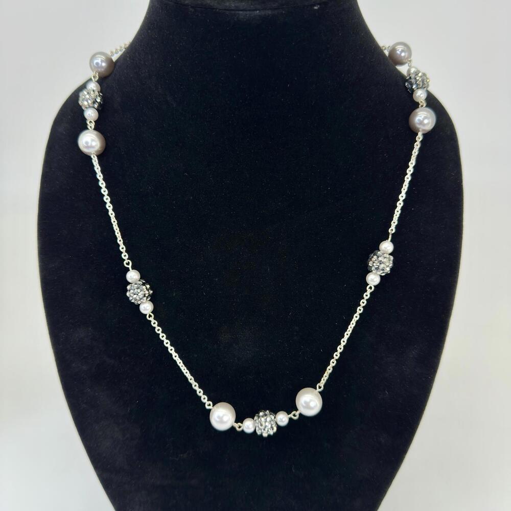 RMN Gray Pearl and Crystal 36in Silver Tone Necklace
